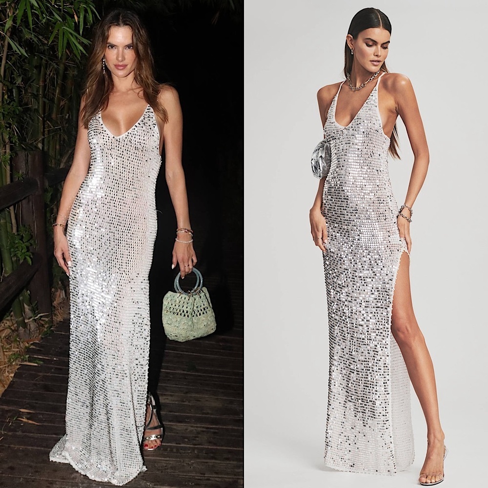 Nwt Retrofete Sequined Crochet Plunge V-Neck Cross Back Sleeveless Maxi Dress Xs